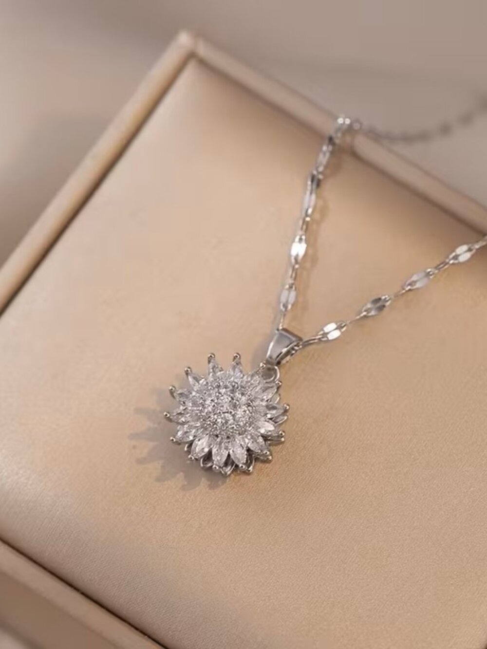Silver Sunflower Pendant Necklace Rotating Charm Dainty Floral Jewelry Gift